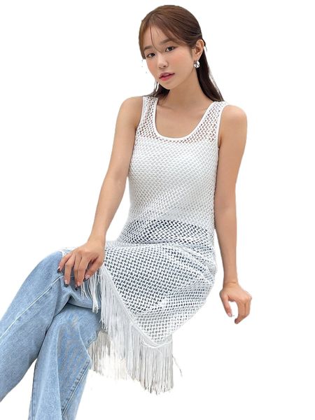 

dazy hollow out fringe hem sheer tank dress without liner o89r#, Black;gray