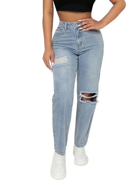

petite high waist ripped cut out mom fit jeans v3uh#, Blue