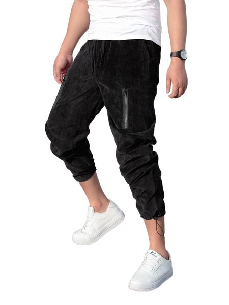 

men zip pocket drawstring hem carrot pants s9wl#, Black