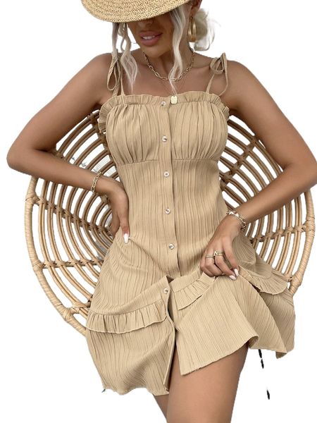 

tie shoulder frill trim cami dress 77hj#, Black;gray