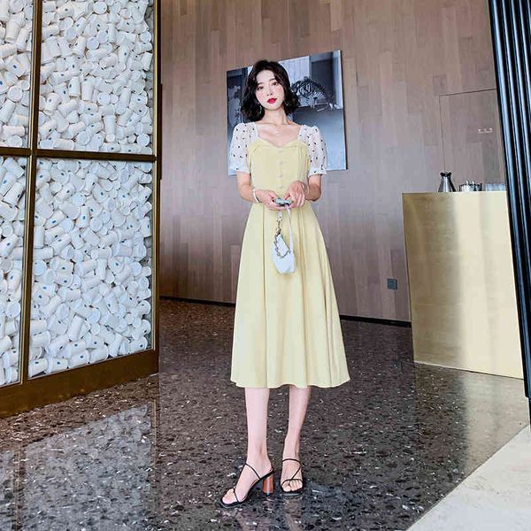 

casual dresses bubble sleeve dress women's summer 2022 color contrast medium length style fresh temperament open back thin skirt 10dc, Black;gray