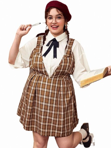 

plus plaid bow front overall dress without shirt l64f#, Black