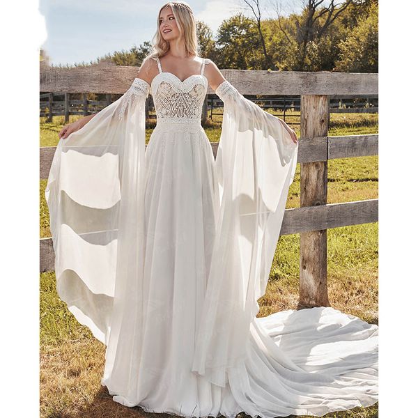 Bezauberndes böhmisches Boho-Hochzeitskleid mit abnehmbaren langen ausgestellten Ärmeln, Spaghettiträgern, rückenfreiem Spitzen-Chiffon, herzförmiges Strand-Brautkleid 2022