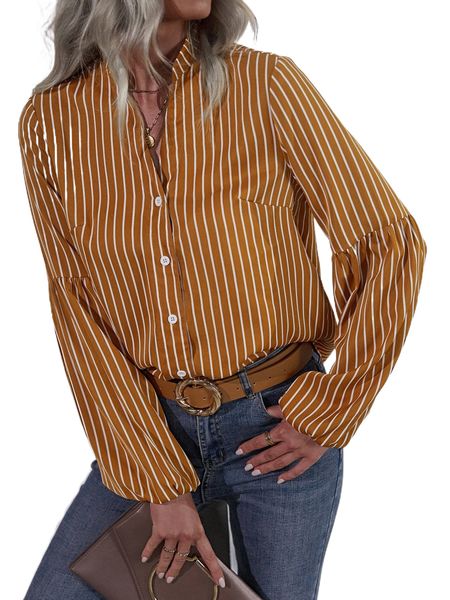 

striped button front bishop sleeve blouse q95s#, White