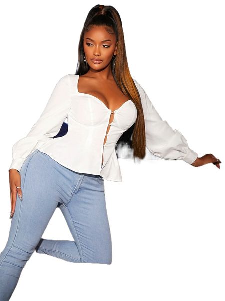 

sxy sweetheart neck lantern sleeve button front blouse d36s#, White