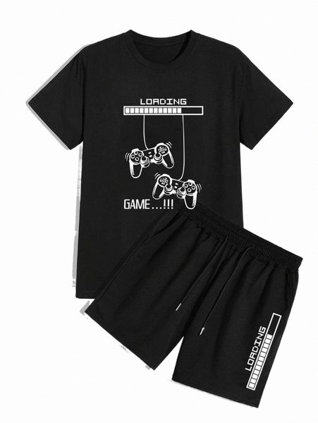 

romwe guys letter graphic tee & shorts h5it#, Gray
