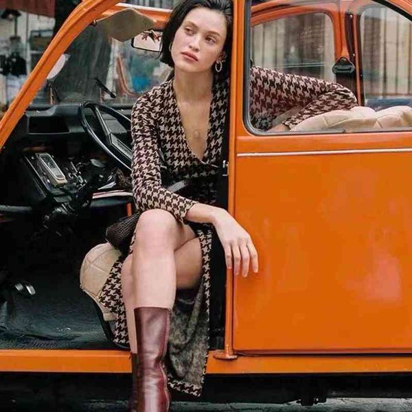 

casual dresses legal system ro autumn and winter thousand bird check print wrap lace up knitted long sleeve dress, Black;gray
