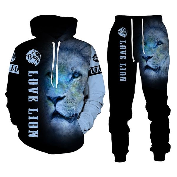 

couple tracksuit fashion lion print sweatshirt and sweatpant 2 pieces lovers casual sport outfit men clothing women hoodie suit 220817, Gray
