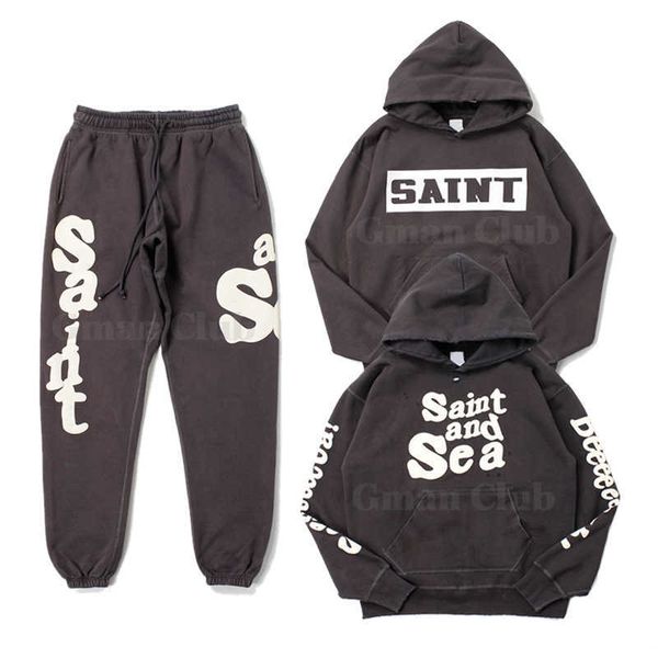 

saint gman high street retro michael style vintage plush hoodie bib pants, Black