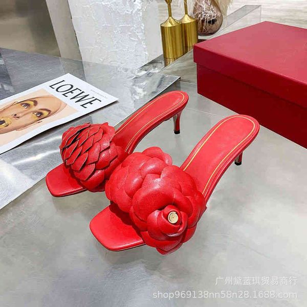 

sandals spring cowhide flower one-sided square head high heels fashion slippers women's shoes, Black