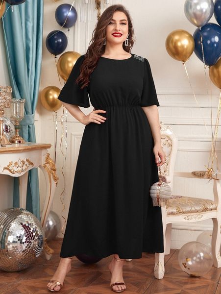 

plus flutter sleeve rhinestone shoulder dress a7ty#, Black