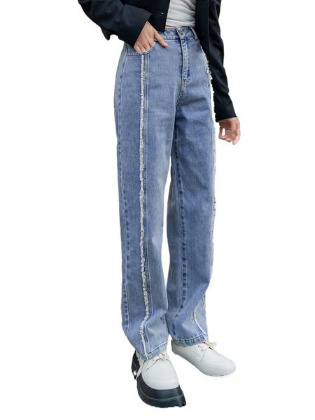 

dazy high waist slant pocket raw cut jeans p8hz#, Blue