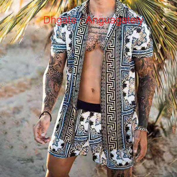 

men's summer casual shirts tracksuit hawaiian sets t-shirts printing luxury swim short sleeve button men shirt suit vacation beach fash, White;black