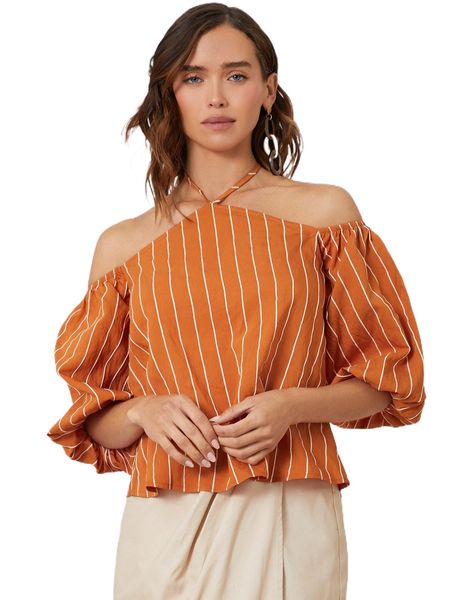 

pinstriped halter neck lantern sleeve blouse x1ji#, White