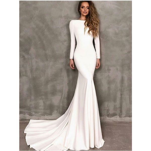 

white satin long sleeves scoop neck backless mermaid wedding dress