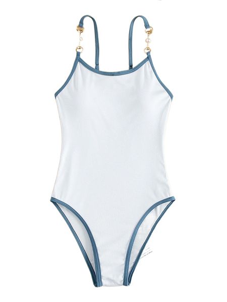 

faux pearl decor binding trim one piece swimsuit i1yb#, White;black