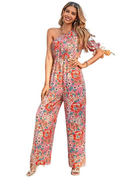 

allover floral print one shoulder puff sleeve jumpsuit j71a#, Black;white