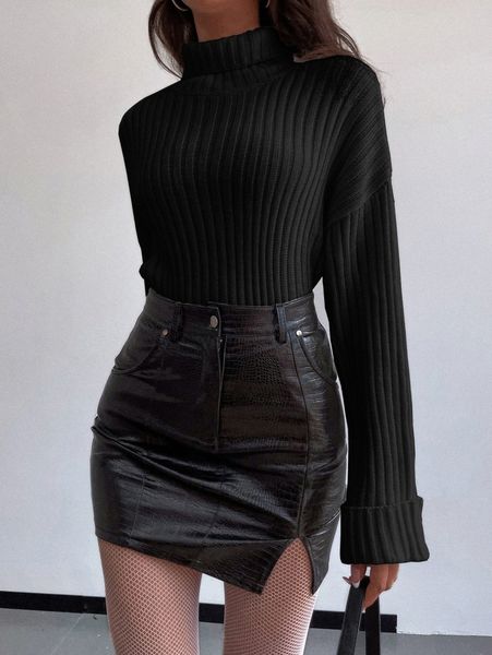 

turtleneck ribbed knit drop shoulder sweater a29q#, White;black