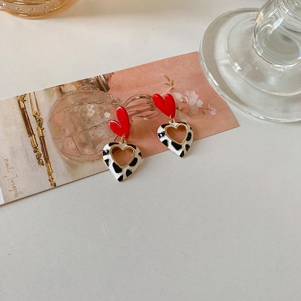 

red stud earrings heart-shaped acrylic black white spot love hollow y2k romantic korean fashion dangler women jewelry custom, Golden;silver