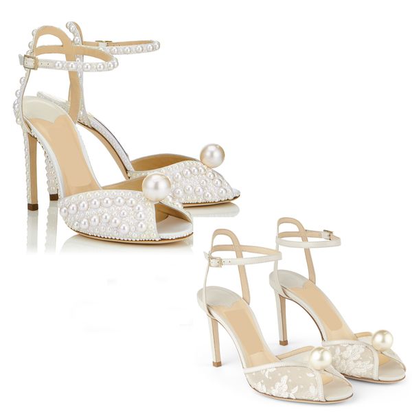 Abito da sposa da sera Scarpe da sposa Sandali in raso impreziositi da perle Donne eleganti Sposa bianca Perle Tacchi alti Donna Gladiato Abiti da sposa per feste