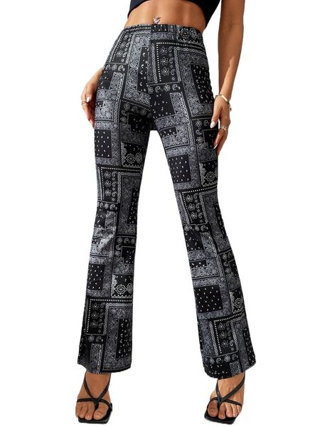 

petite paisley print flare leg pants 41f5#, Black;white