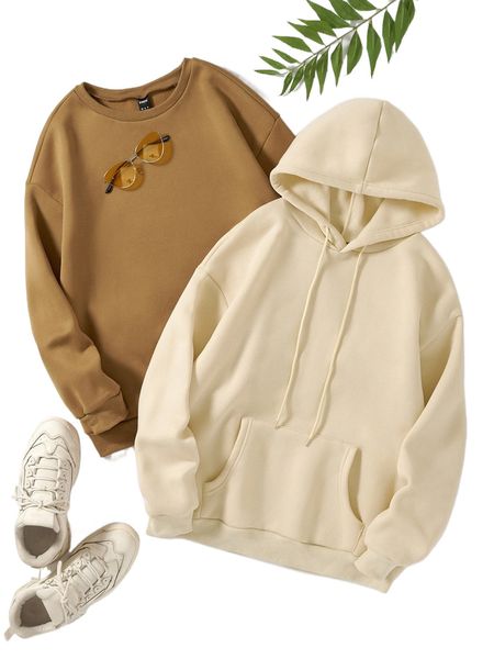 

solid round neck sweatshirt & kangaroo pocket drawstring hoodie 53iv#, Black
