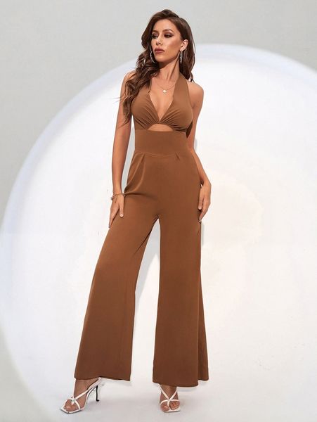 

plunge neck cut-out tied backless wide leg jumpsuit s6uh#, Black;white