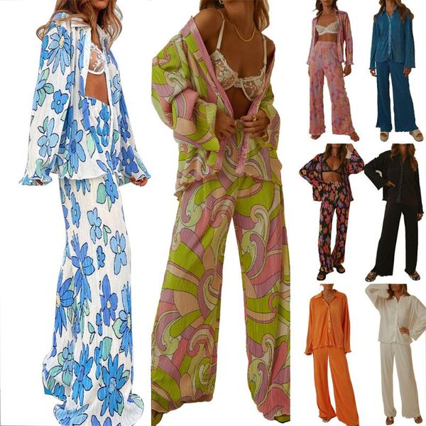 Zweiteilige Damen-Hosen, gerüschtes, plissiertes Kleidungsset, Blumendruck, Knopfleiste, lange Ärmel, Hemden, einfarbige Oberteile, Hosen, Damen-Outfits