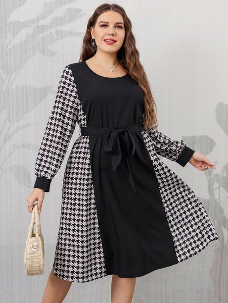

plus houndstooth print belted dress n8bb#, Black