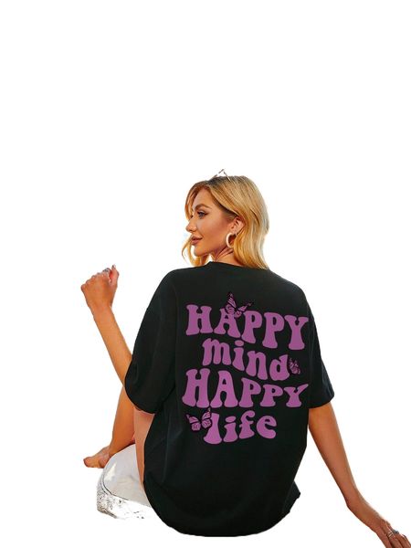 

letter & butterfly print drop shoulder tee v7qy#, White