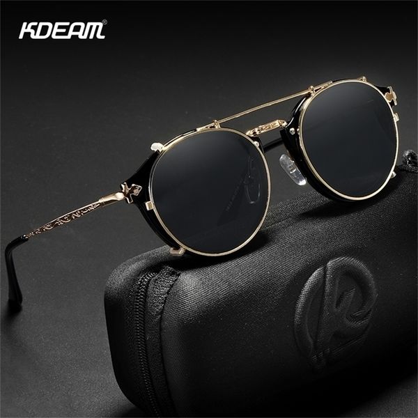 

kdeam retro steampunk round clip on sunglasses men women double layer removable lens baroque carved legs glasses uv400 with box 220317, White;black