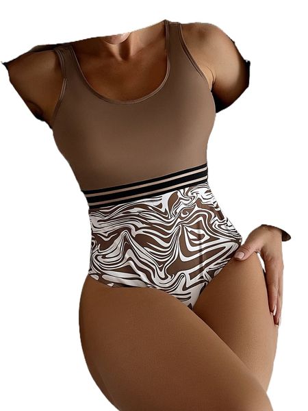 

fluid pattern contrast mesh one piece swimsuit l5ap#, White;black