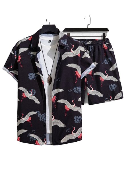 

men random crane & floral print shirt & shorts without tee m7yo#, Gray