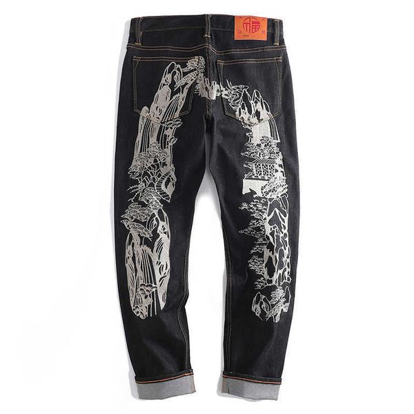 

luxury designer for men 2021 liu fushen pants for men and women large  silver embroidery landscape painting loose straight tube large black, Blue