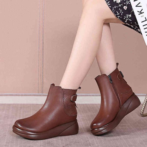

slippers boots women winter plush anti slip soft sole muffin round head wool short boots cow leather thick soled martin opkc, Black