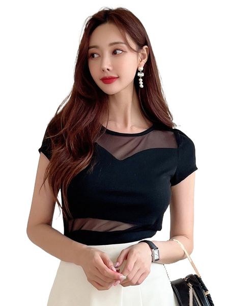 

dazy contrast mesh ribbed knit tee x1gk#, White