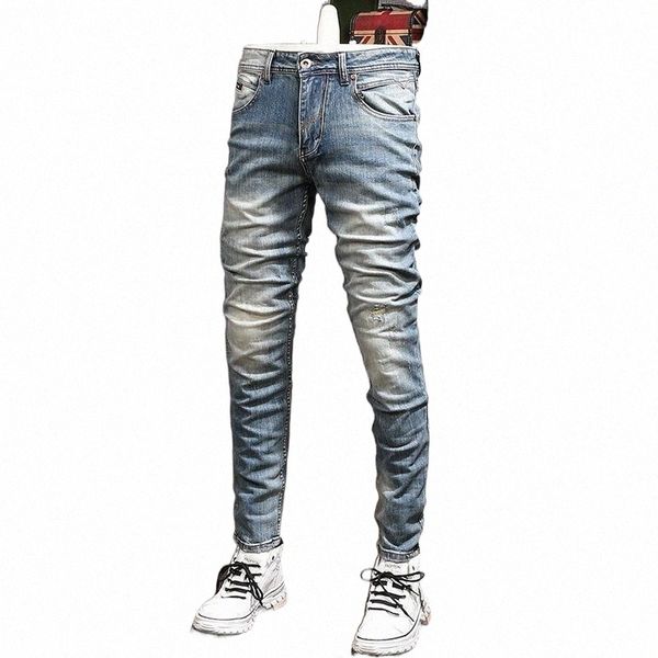 

men's jeans italian style fashion men retro blue slim fit plain distressed wash ripped vintage designer casual denim pants y2ju#