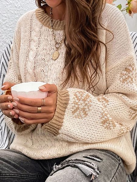 

floral pattern drop shoulder cable knit sweater j15p#, White;black