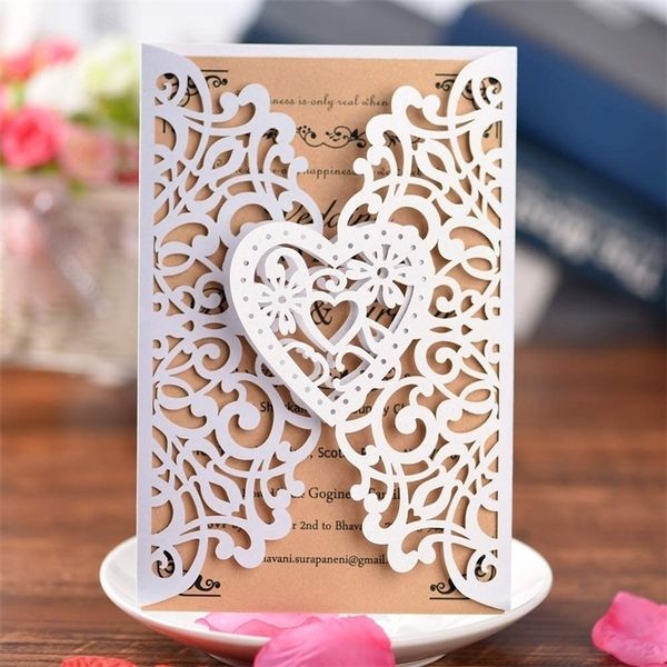 10pcs50pcs Hochzeitseinladungen Karten Laser Cut Love Heart Vintage Decor Geschenkgrußkarte RSVP anpassen Partyzubehör 220711