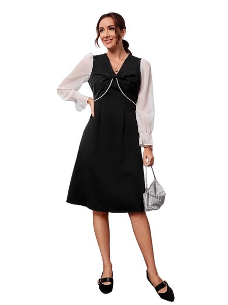 

emery rose colorblock bow front flounce sleeve dress o6un#, Black;gray