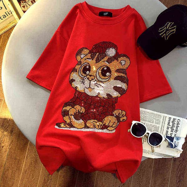 

women's t-shirts spring summer o-neck loose cute tiger t shirt 2022 chinese year of tiger drill girls red oversize tees y220411, White