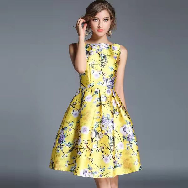 

summer new dress fluffy skirt gold print large swing sleeveless slim jacquard a-line skirt, Black;gray