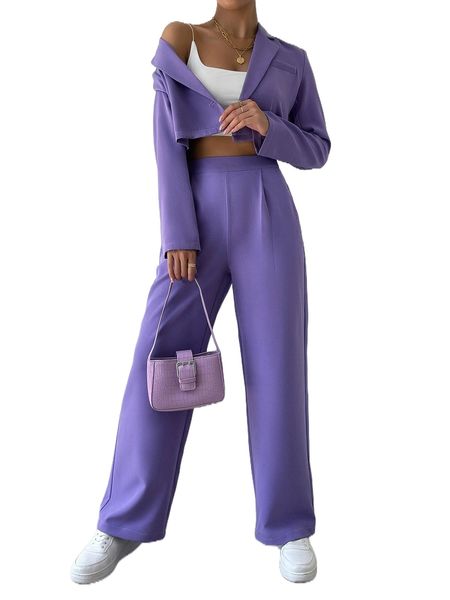 

single button crop blazer & plicated detail tailored pants z218#, White