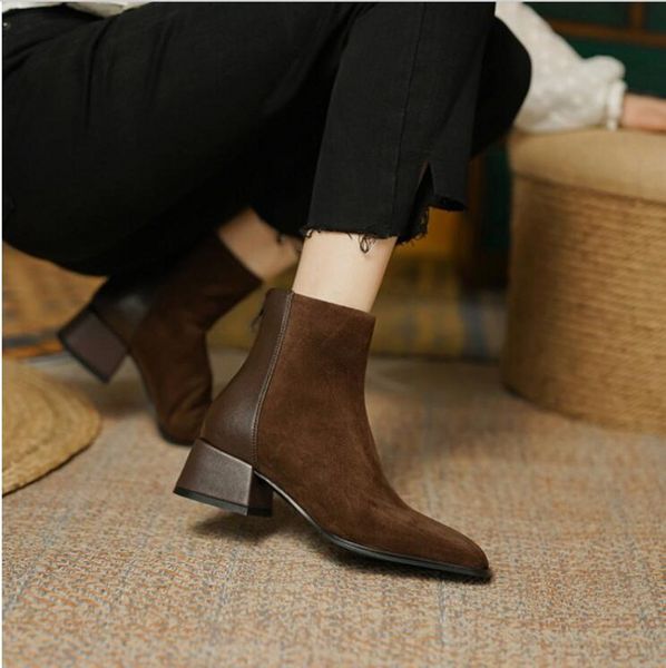

fashion square toe cow suede leather womens ankle boots med heel back zipper lady short booties, Black