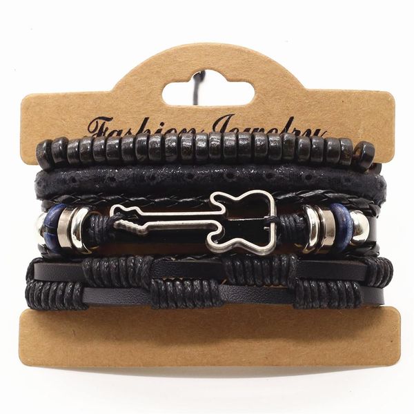 

trendy wood beads alloy guitar strands charm women leather bracelets men homme, Black
