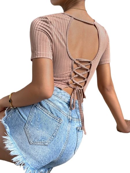 

lace up backless crop tee a53a#, White