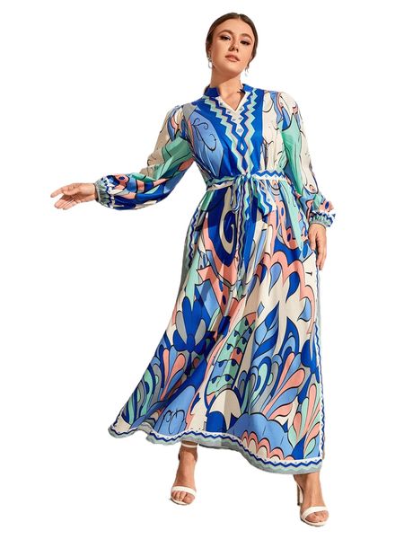 

plus geo print lantern sleeve belted dress z7a1#, Black