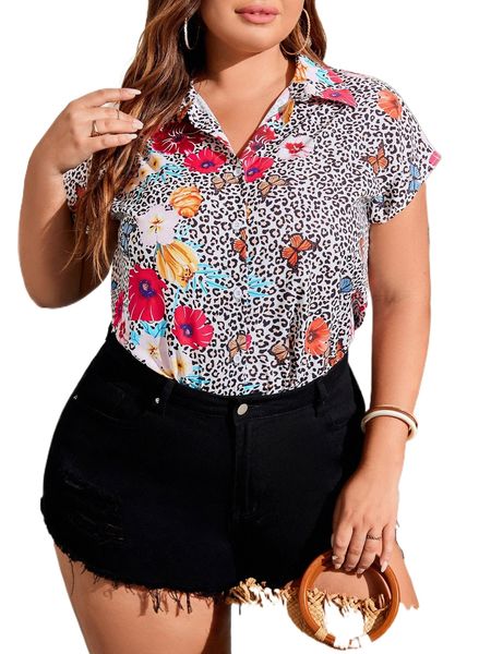 

plus leopard & floral print batwing sleeve blouse 94ps#, Black