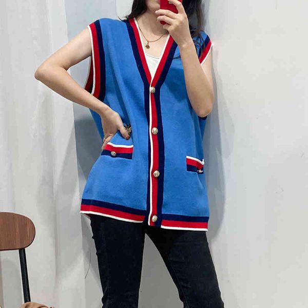 

women's tanks camis french single  family stripe color matching edge embroidery sleeveless vest cardigan jacket autumn winter college, White