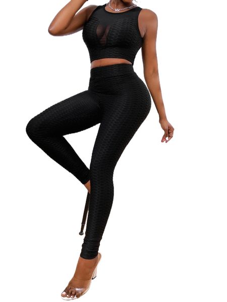 

sxy contrast mesh textured crop tank & high waist leggings y3oy#, White